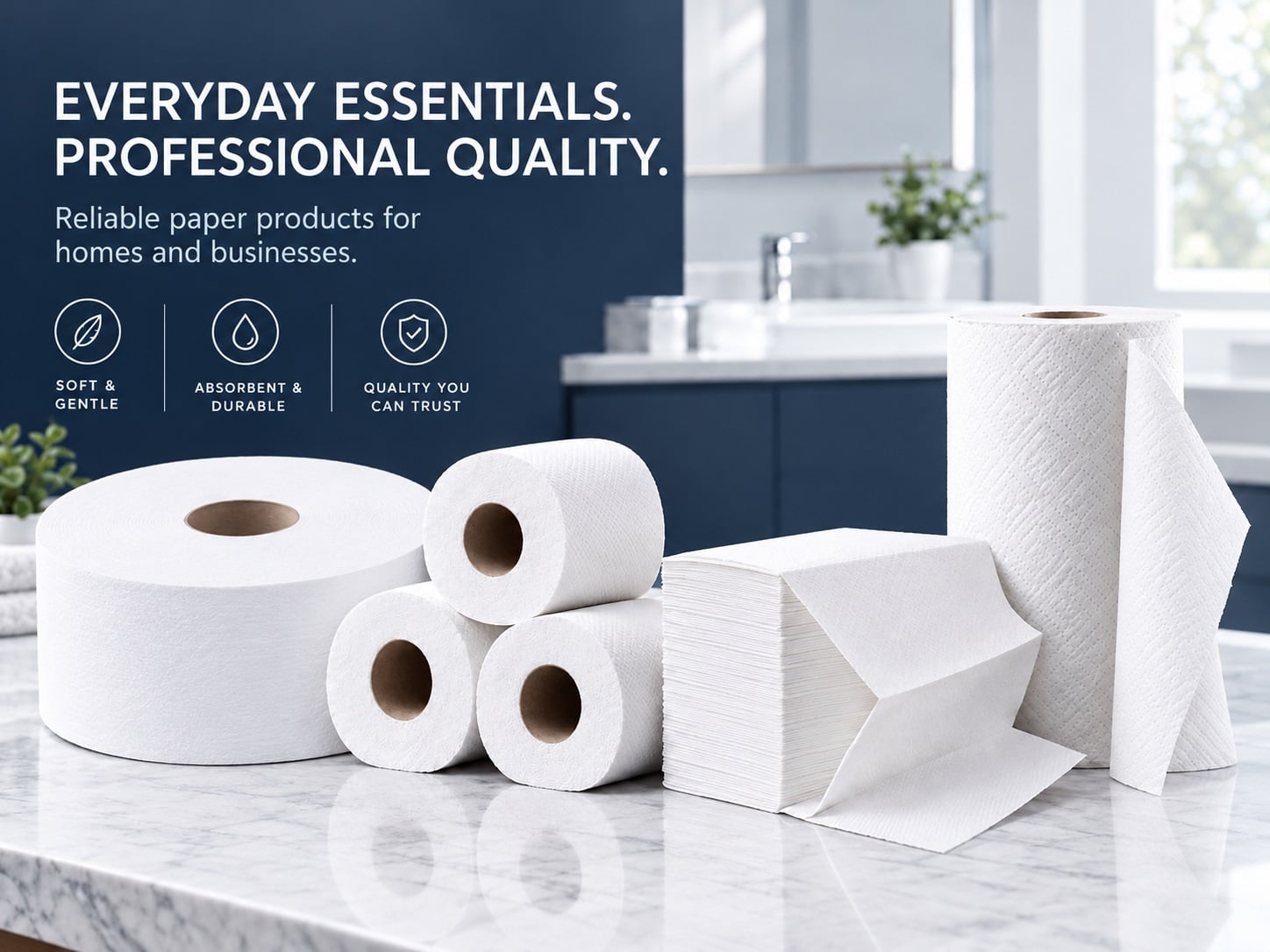 Tissue rolls and folded paper towels arranged for professional use