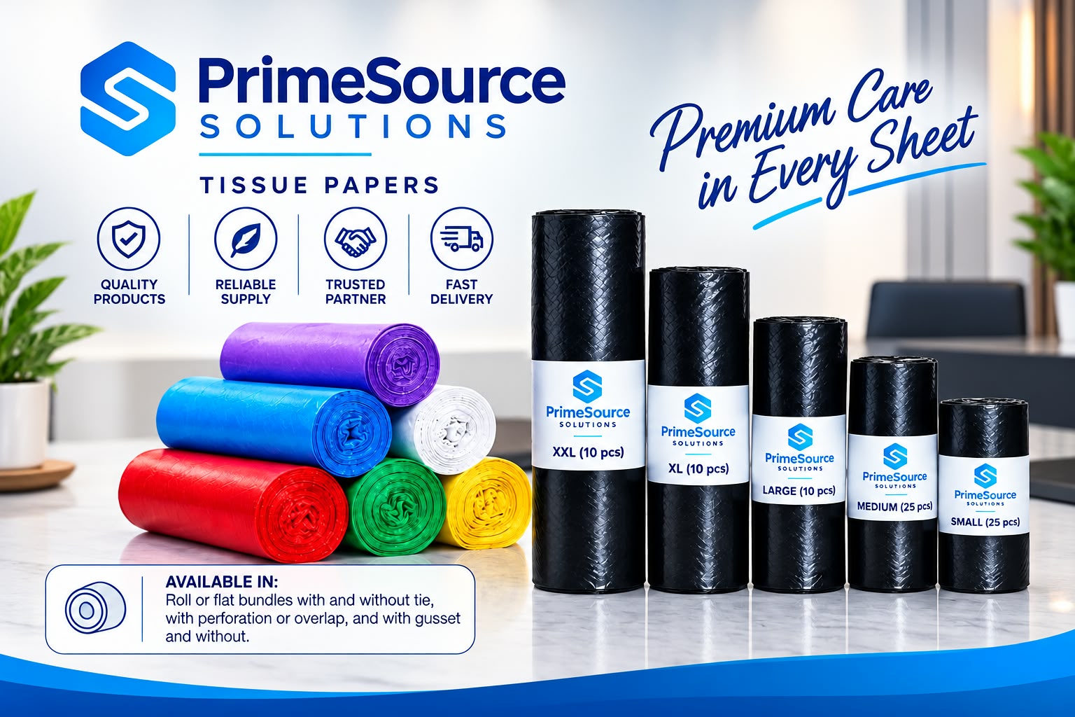 PrimeSource garbage bags shown in several colors and product formats